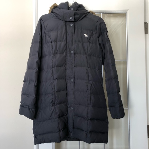 Abercrombie & Fitch Long Puffer Coat Waist Tie & Faux Fur Trim Hood Sz. L Gray - Picture 1 of 11